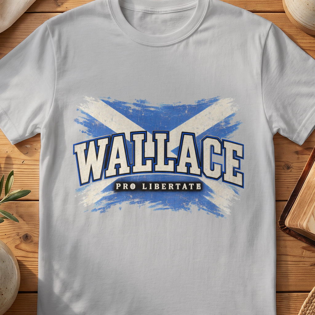 Wallace Scottish Saltire T-shirt in Sport Grey, with distressed blue and cream flag and “Pro Libertate” lettering.
