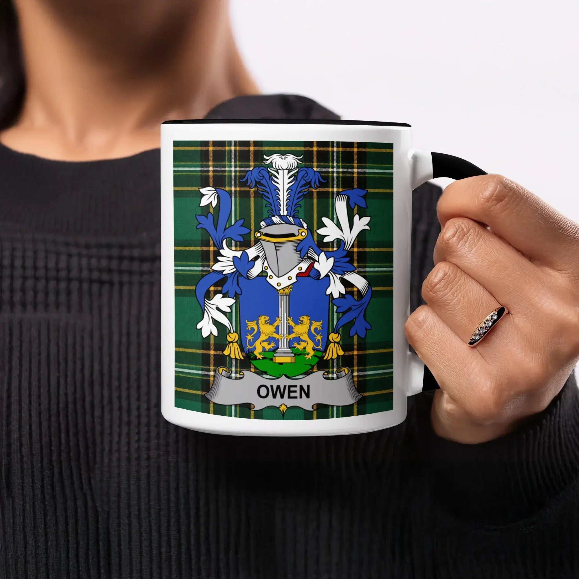 Owen black accent mug with Irish National Tartan and family crest