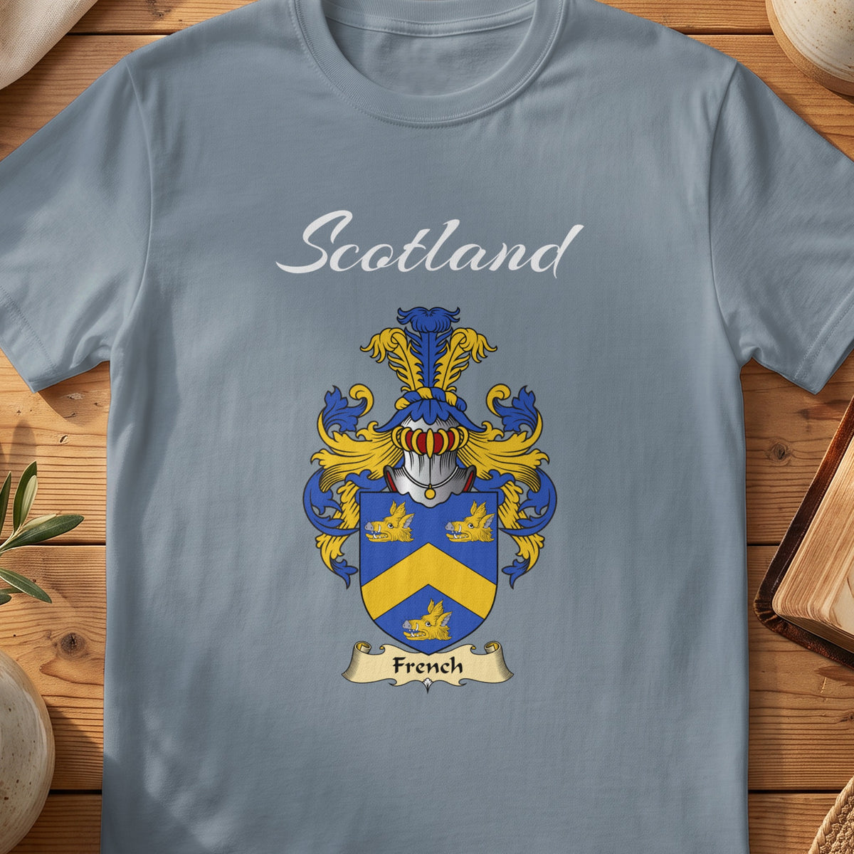 French Scottish family shield T-shirt in Stone Blue