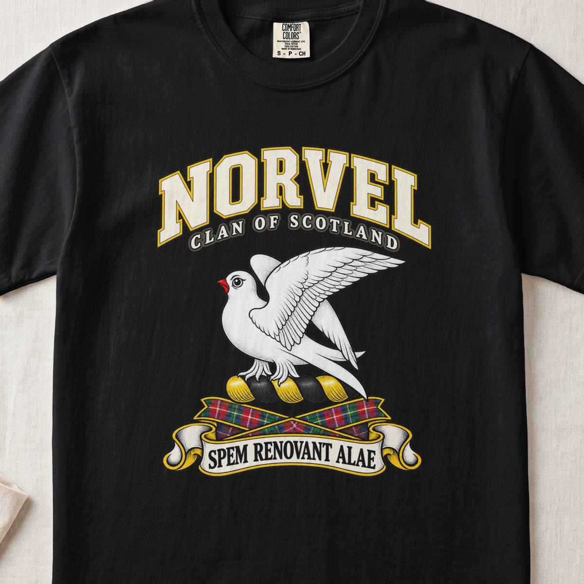 Norvel Scottish clan T-shirt in Black, front view with a white bird with raised wings and motto banner.