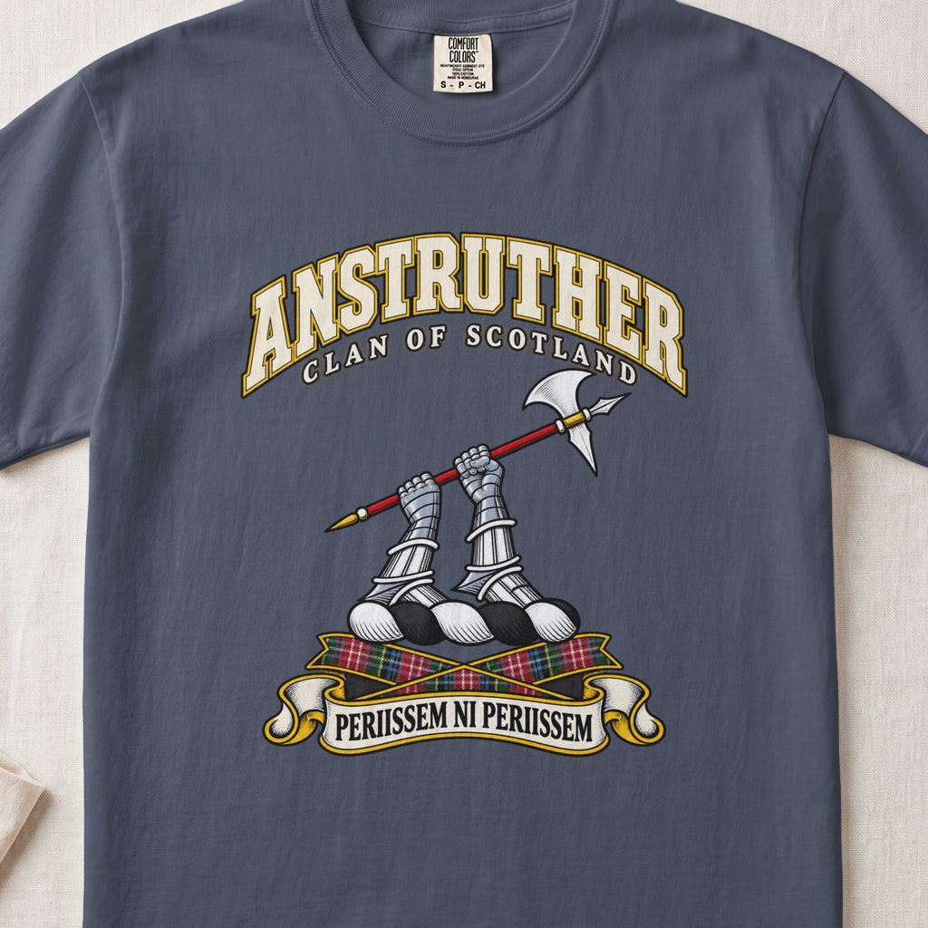 Anstruther Scottish clan T-shirt in Midnight, front view with two armoured hands holding a red-shafted halberd and motto banner.