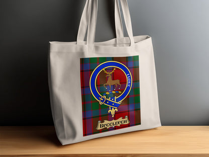 Buccleuch Clan Crest on Tartan Background Tote Bag - Living Stone Gifts