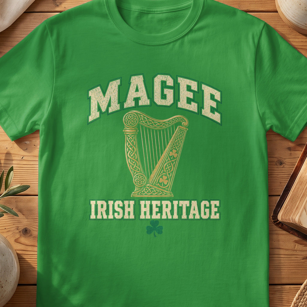 Magee Irish Heritage green Gildan 64000 T-shirt with Celtic harp design
