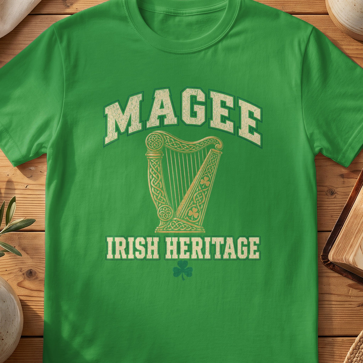 Magee Irish Heritage green Gildan 64000 T-shirt with Celtic harp design