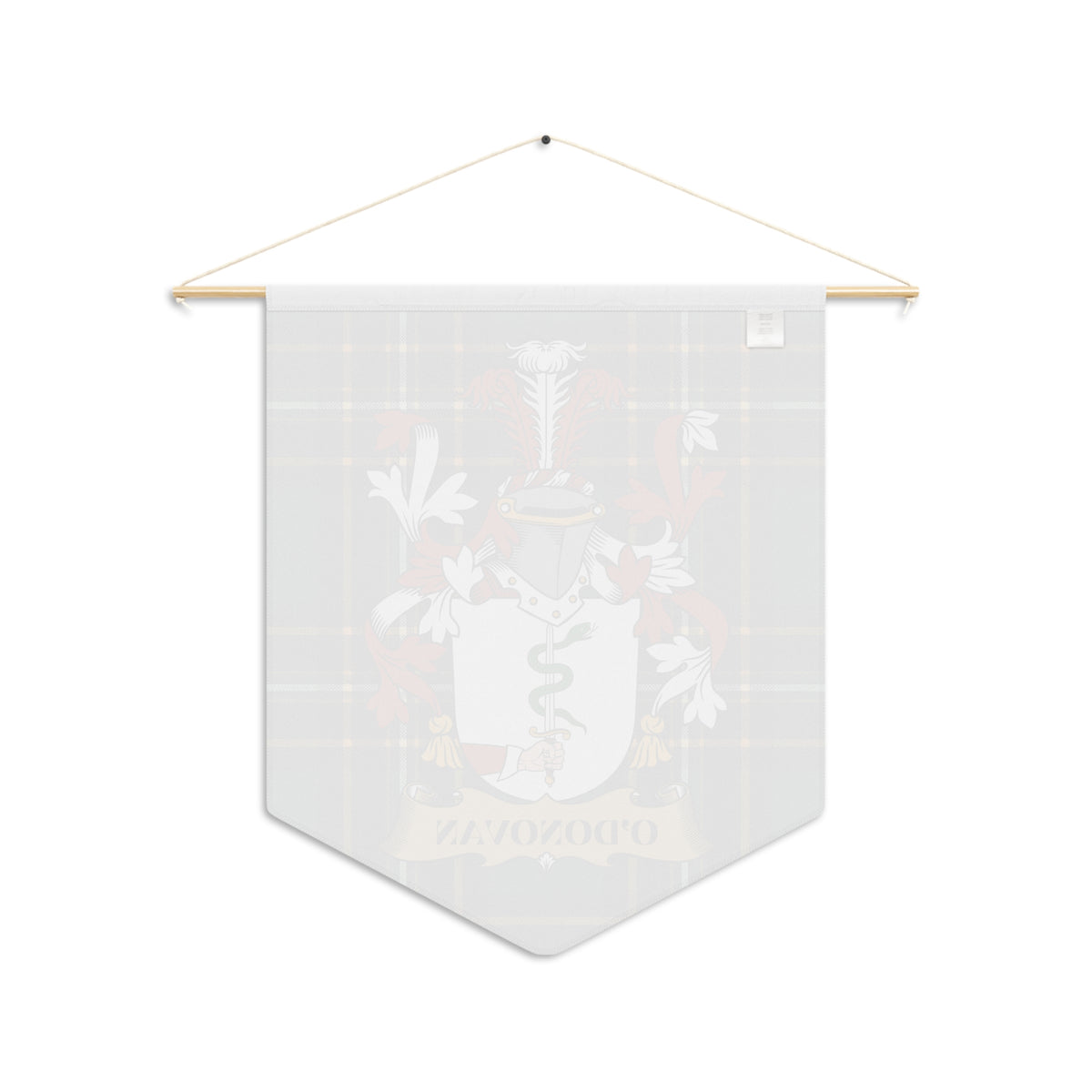 Pennant with tartan background and coat of arms featuring a caduceus and banner.