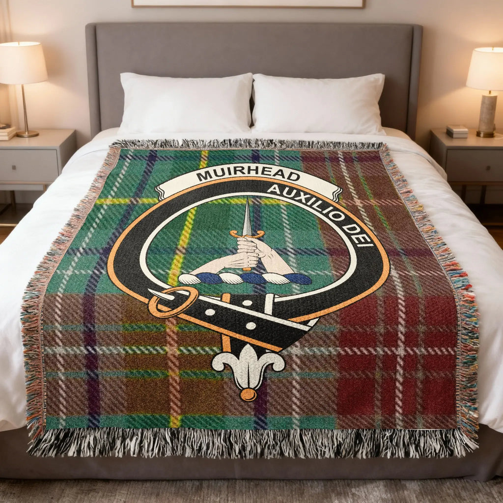 Clan Muirhead Auxilio Dei tartan woven blanket — clan colours in 100% cotton heirloom throw