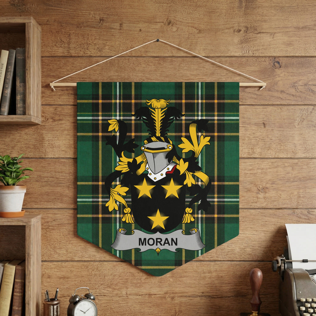 Moran Irish Family Crest wall pennant on Irish National Tartan