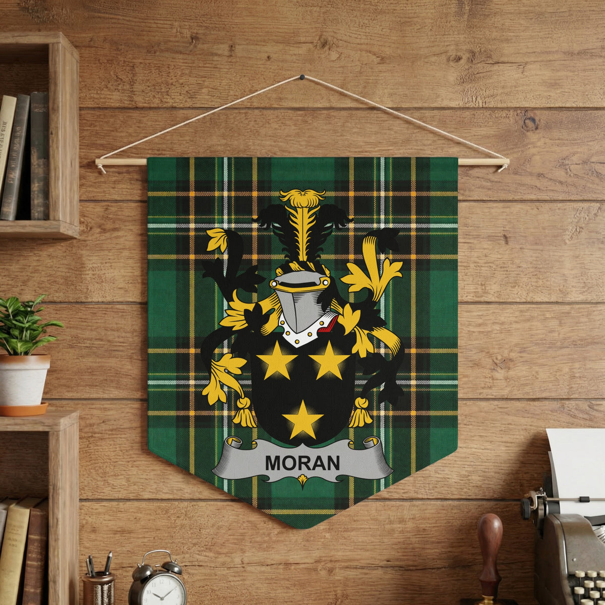 Moran Irish Family Crest wall pennant on Irish National Tartan