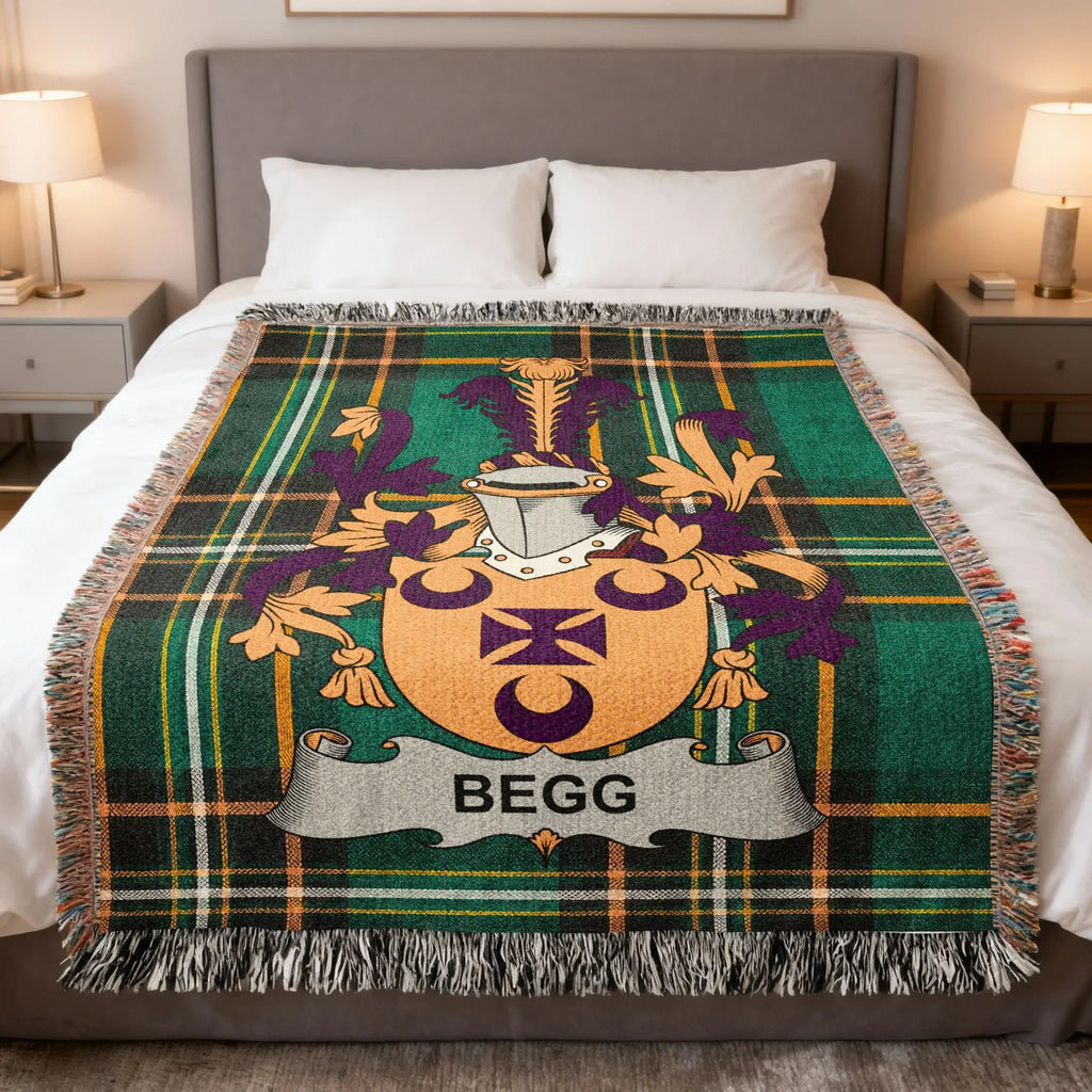 Begg Irish family crest woven blanket with Irish tartan design and fringed edges