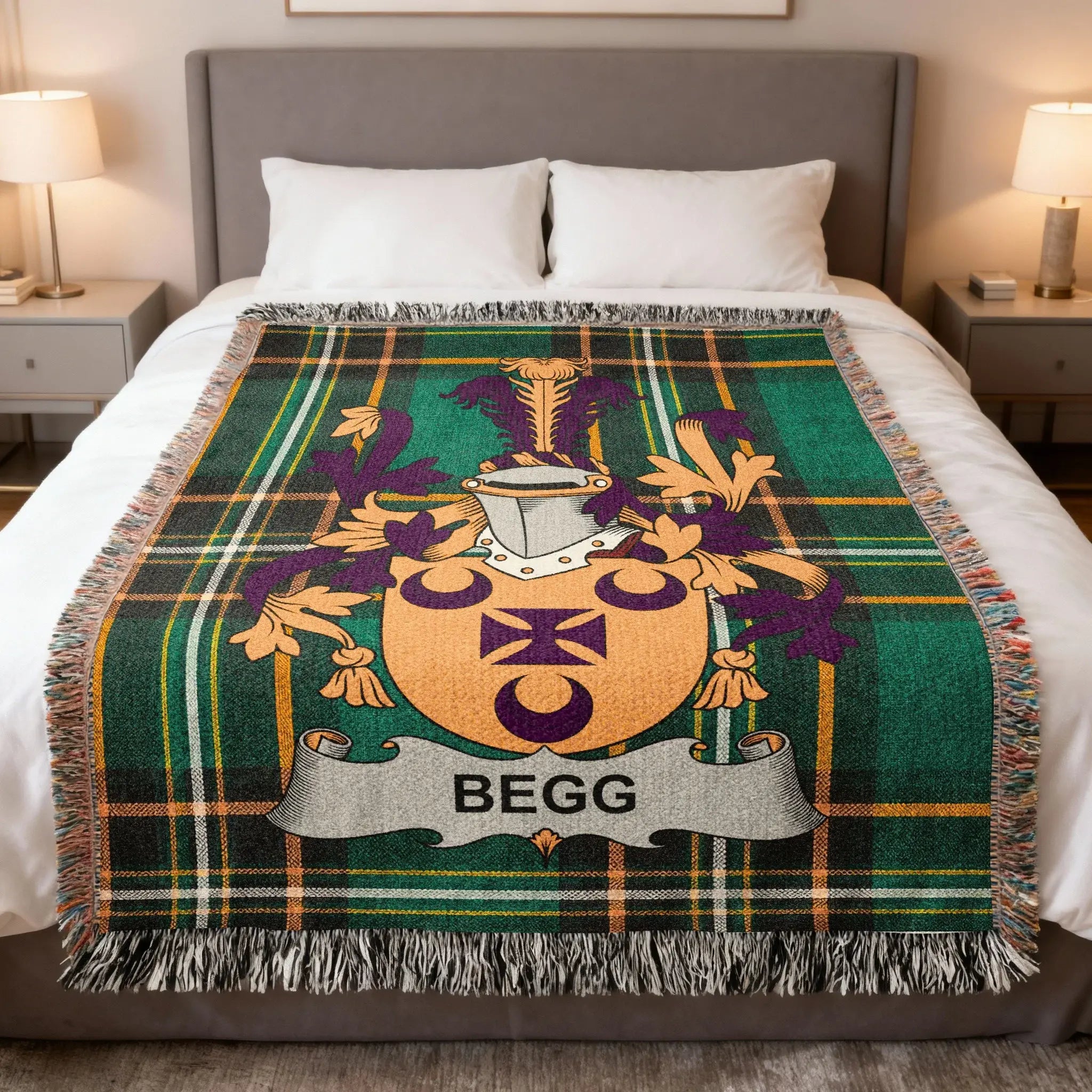 Begg Irish family crest woven blanket with Irish tartan design and fringed edges