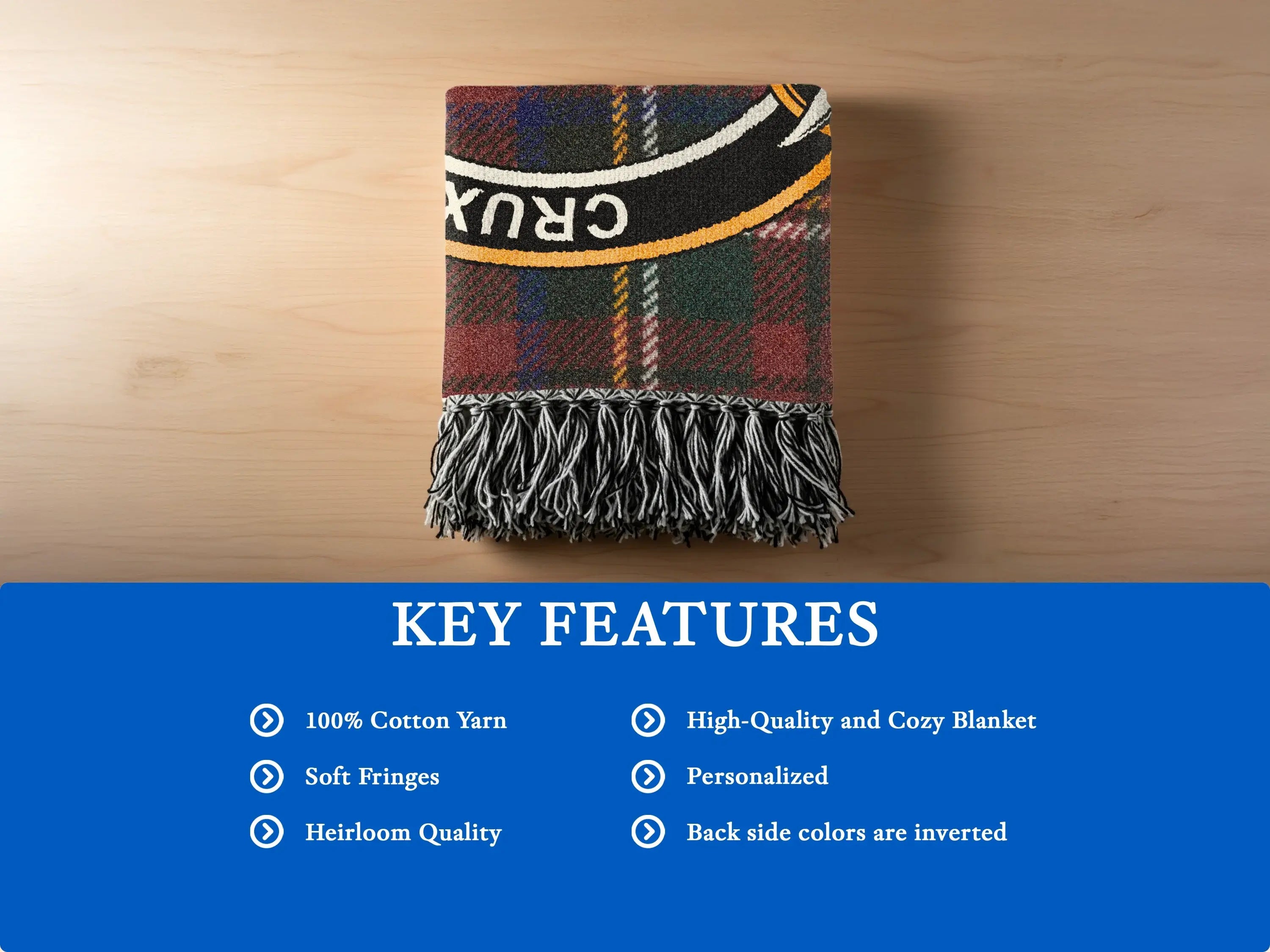 Clan Mercer woven blanket close-up — fringe border detail and cotton weave texture