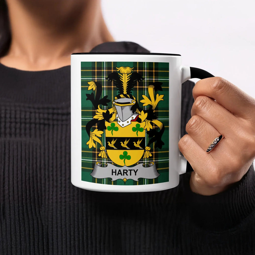 Mug with "Harty" coat of arms featuring a shield with green and gold elements.