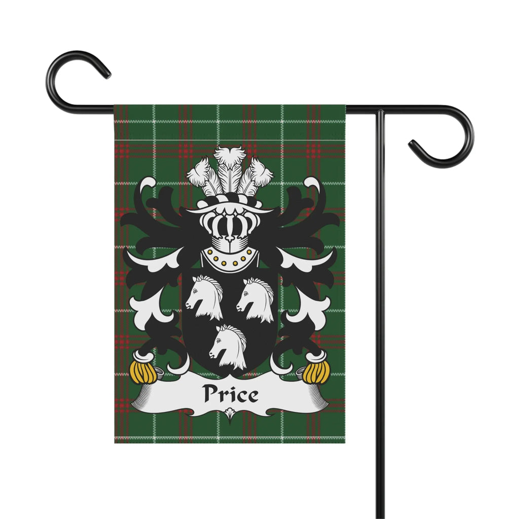 Garden flag with Price family crest on green plaid background.