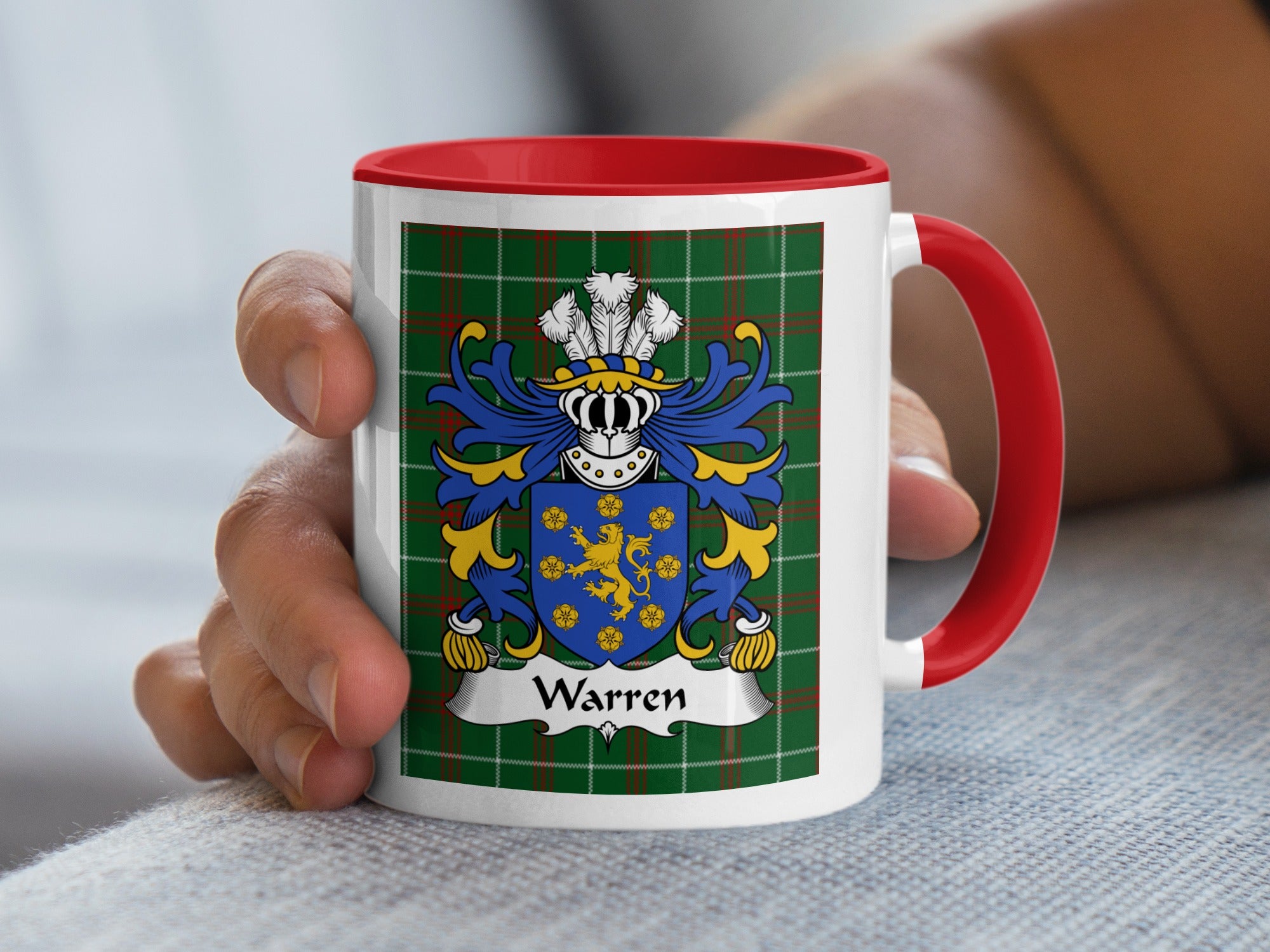 Warren Welsh family crest mug on Welsh National Tartan