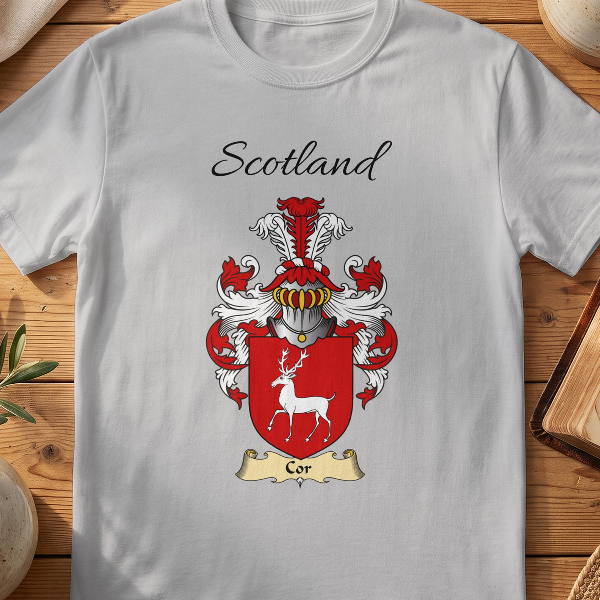 Sport Grey Cor Scottish family shield T-shirt featuring a white stag on a red shield