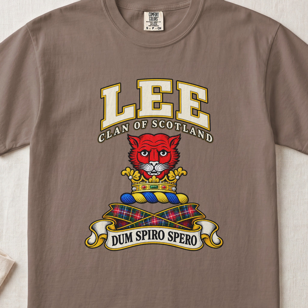Lee Scottish clan T-shirt in Espresso, front view with a red cat head above a gold crown and motto banner.