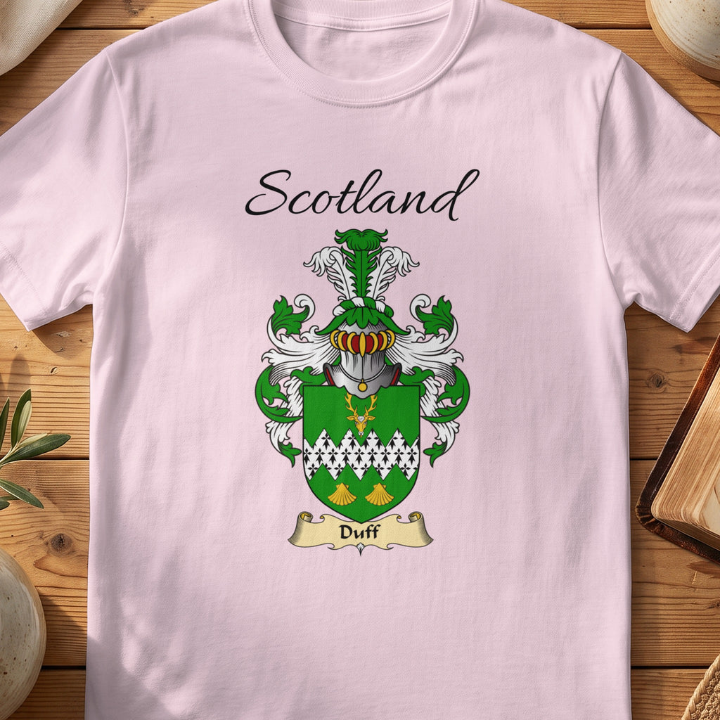 Light Pink Duff Scottish family shield T-shirt featuring a green shield with a white patterned band