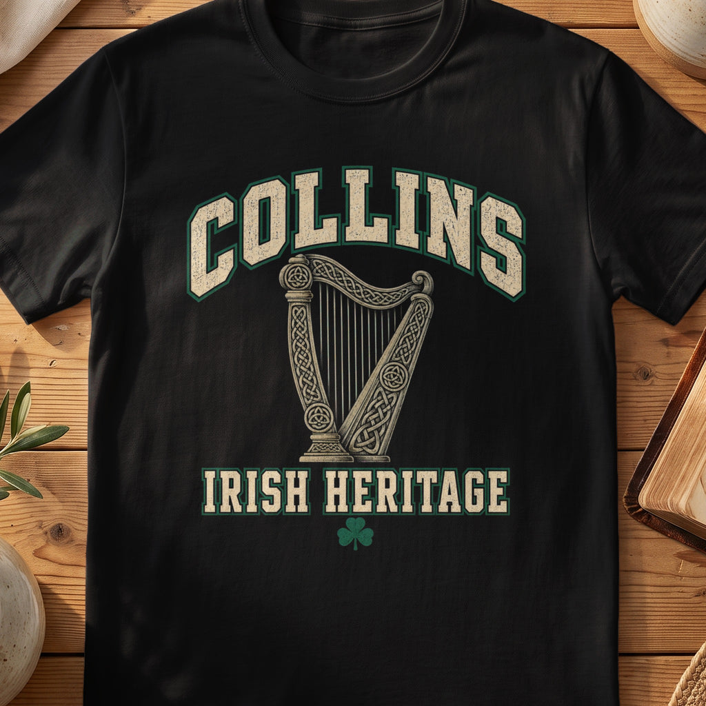 Collins Irish Heritage black Gildan 64000 T-shirt with Celtic harp design