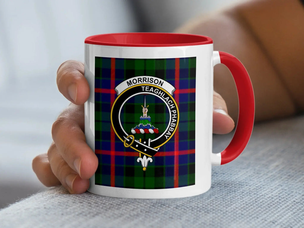 Morrison clan tartan accent mug in red colourway — 11oz ceramic with Teaghlach Phabbay crest
