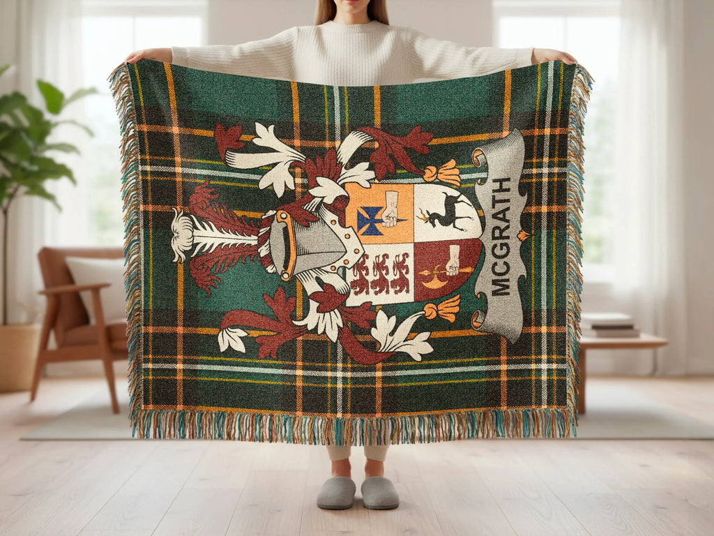 McGrath tartan blanket with heraldic crest on a person.