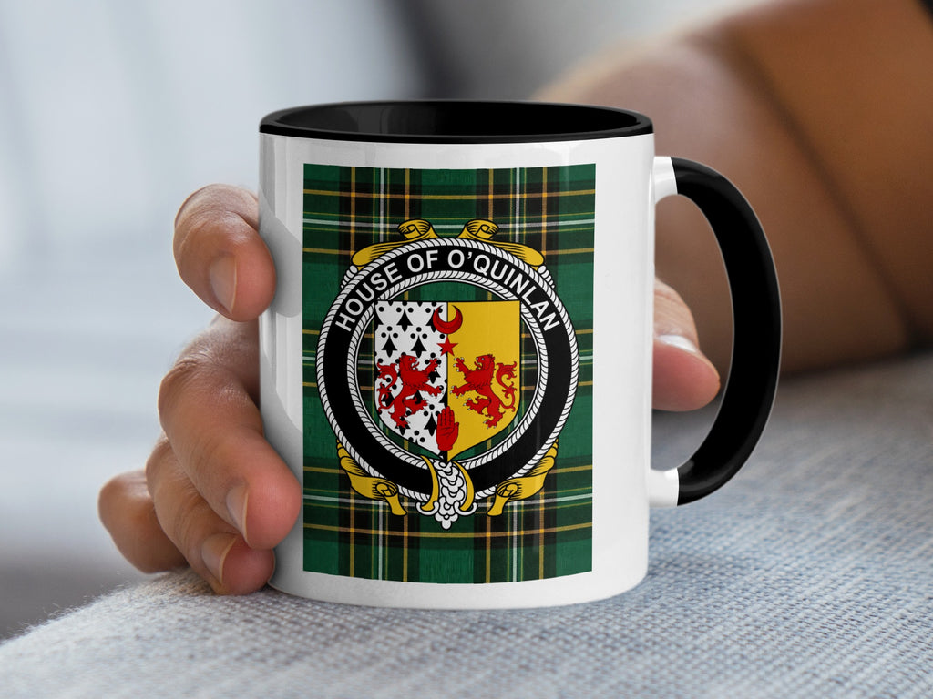 O'Quinlan Irish National Tartan mug with family crest emblem