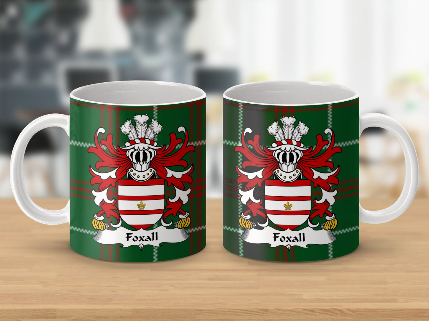 Foxall Family Crest on Welsh National Tartan Background Mug - Living Stone Gifts