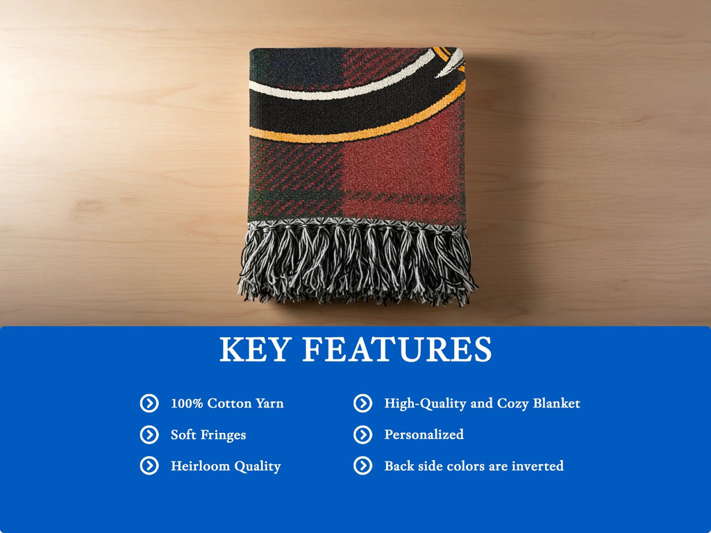 Ruthven clan crest woven blanket — tartan throw, 60x50 size shown