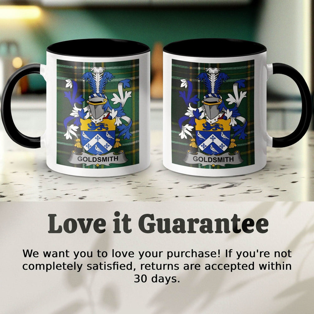 Goldsmith Surname Family Crest on Irish Tartan Mug - Celtic Ancestry Gifts