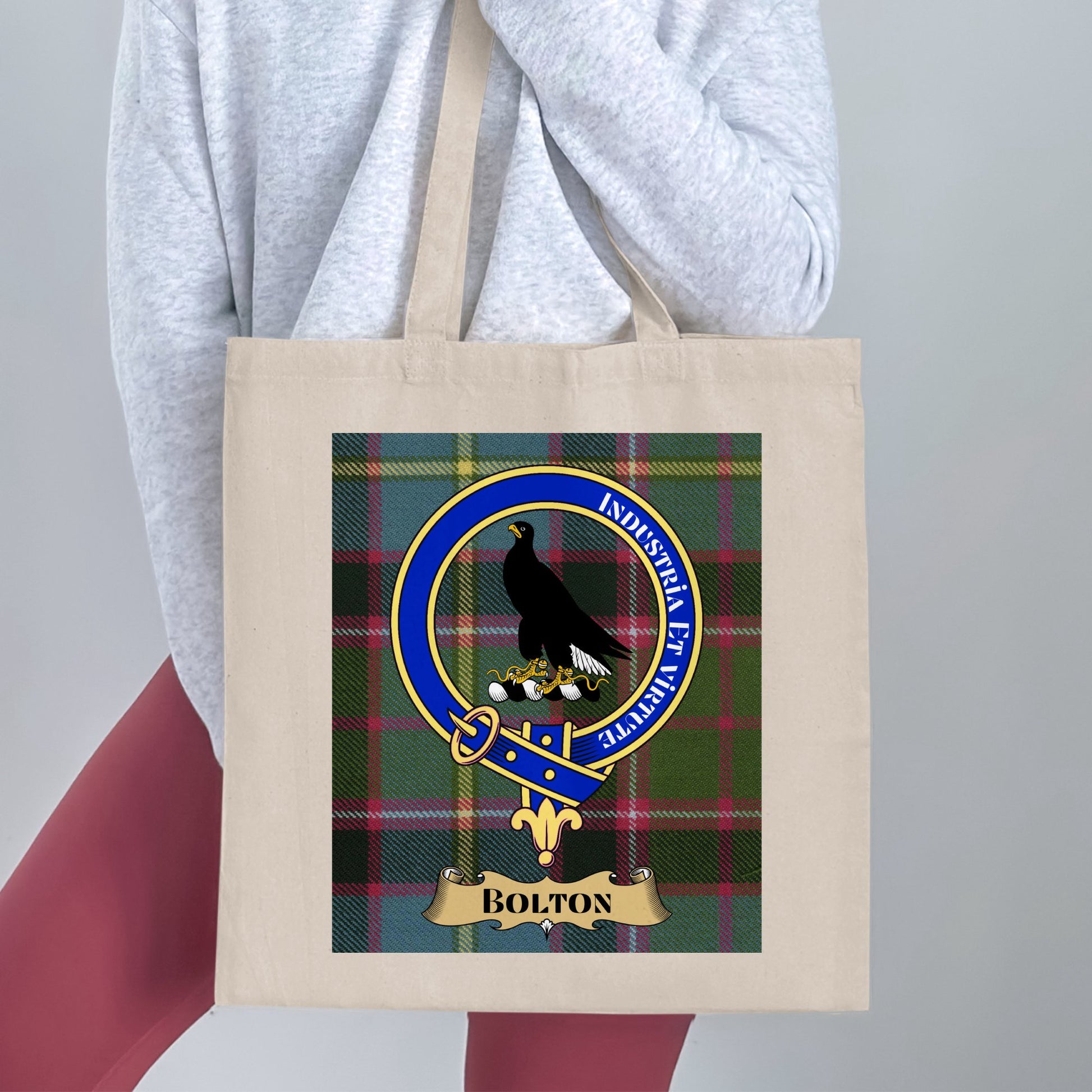 Bolton Scottish Clan Crest on Tartan Background Tote Bag - Living Stone Gifts