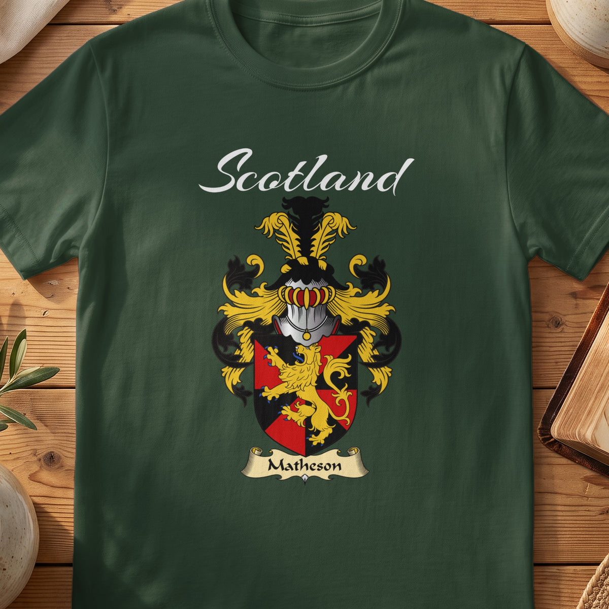 Forest Green Matheson Scottish T-shirt featuring a gold lion across a red-and-black shield