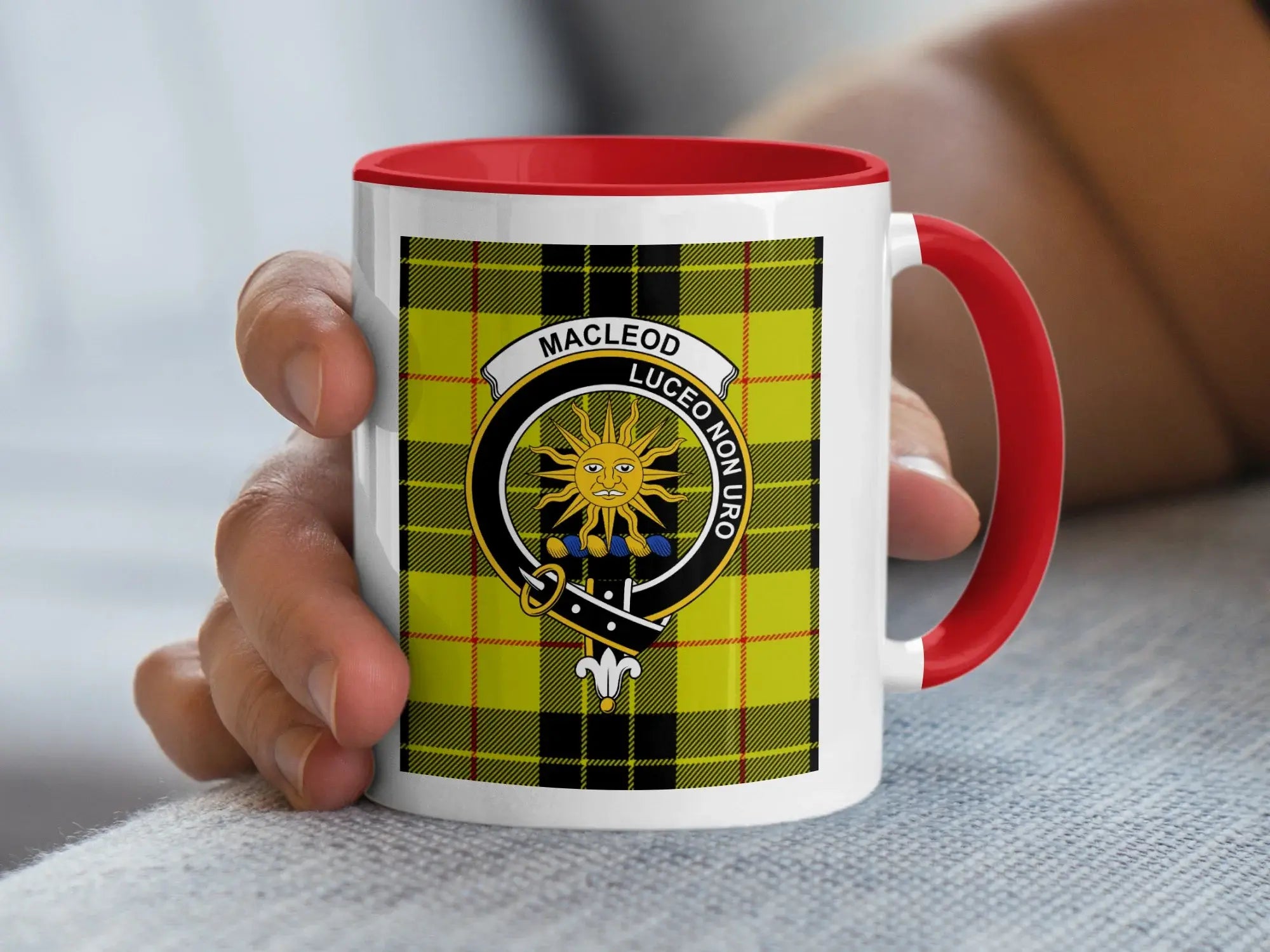 MacLeod Luceo Non Uro clan crest pattern mug — I Shine Not Burn heraldic design on 11oz ceramic