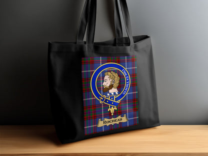 Scottish Clan Crest on Tartan Background Rochead Tote Bag - Living Stone Gifts