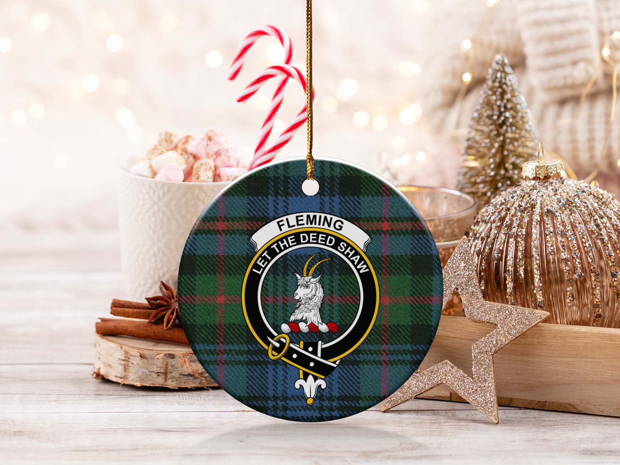 Fleming clan tartan ornament among Christmas decorations — 3 inch ceramic
