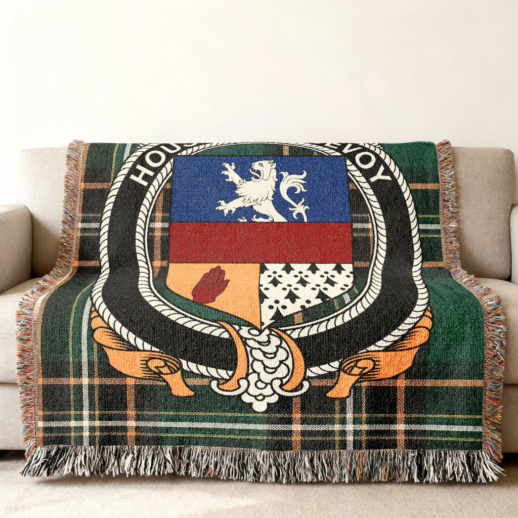 McEvoy Irish National Tartan woven blanket displayed on a sofa