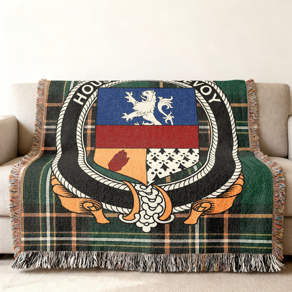McEvoy Irish National Tartan woven blanket displayed on a sofa