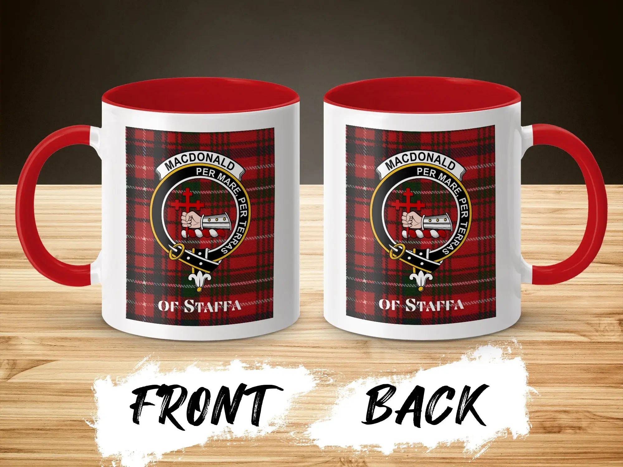 MacDonald of Staffa Per Mare Per Terras mug — clan crest on 11oz glossy ceramic