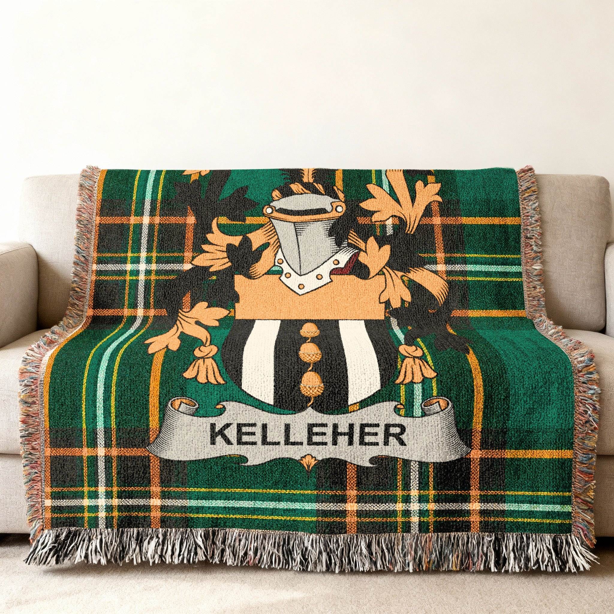 Kelleher family crest on green plaid woven throw blanket.