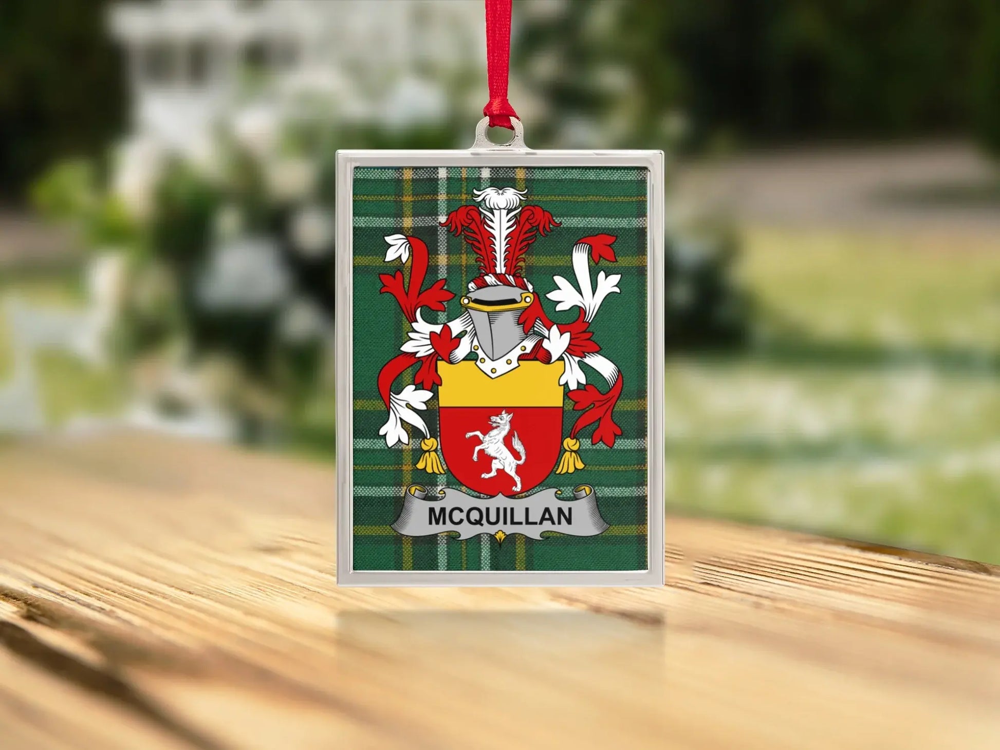 McQuillan Family Crest Coat of Arms Plaid Ornament product