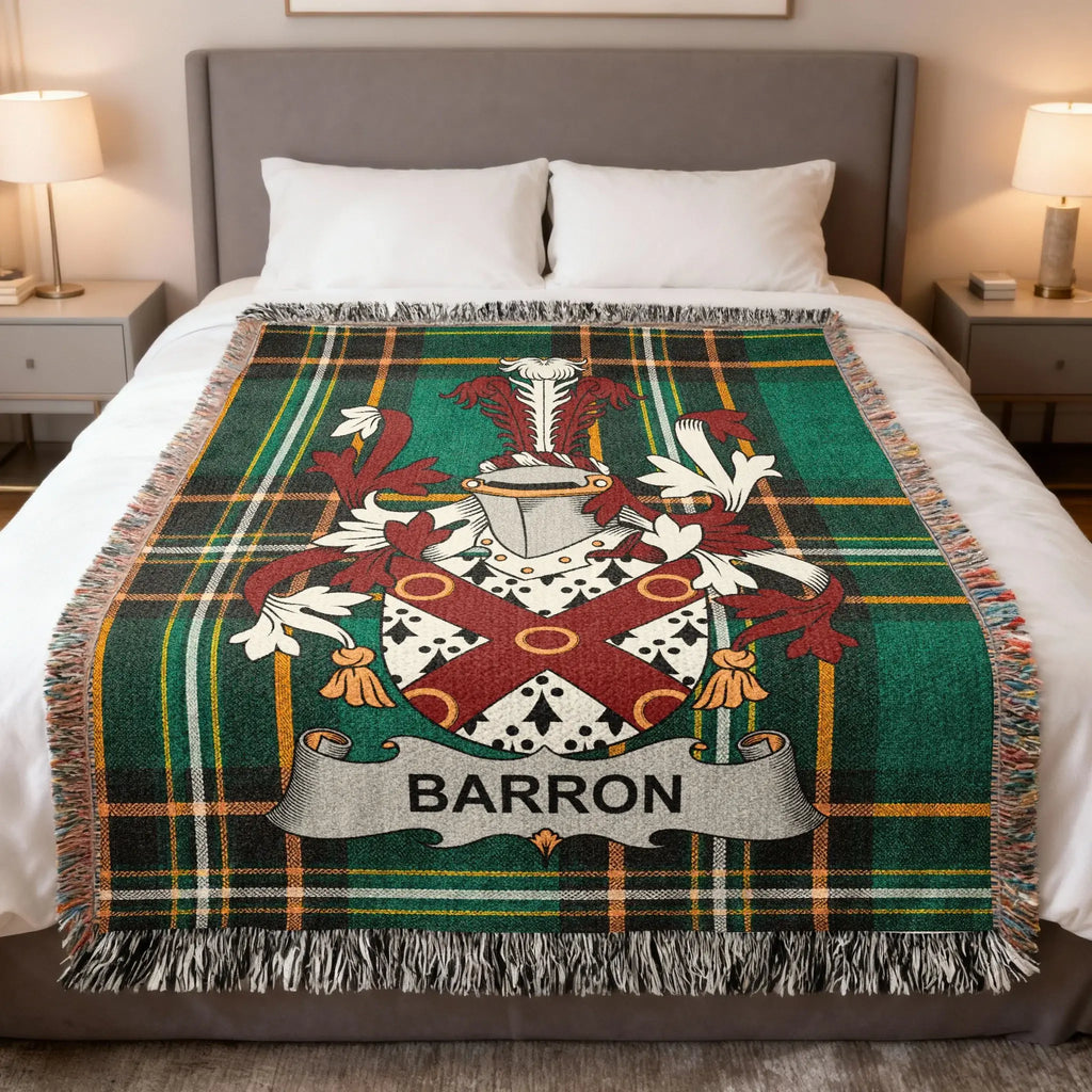 Barron Irish family crest woven blanket with Irish tartan design and fringed edges