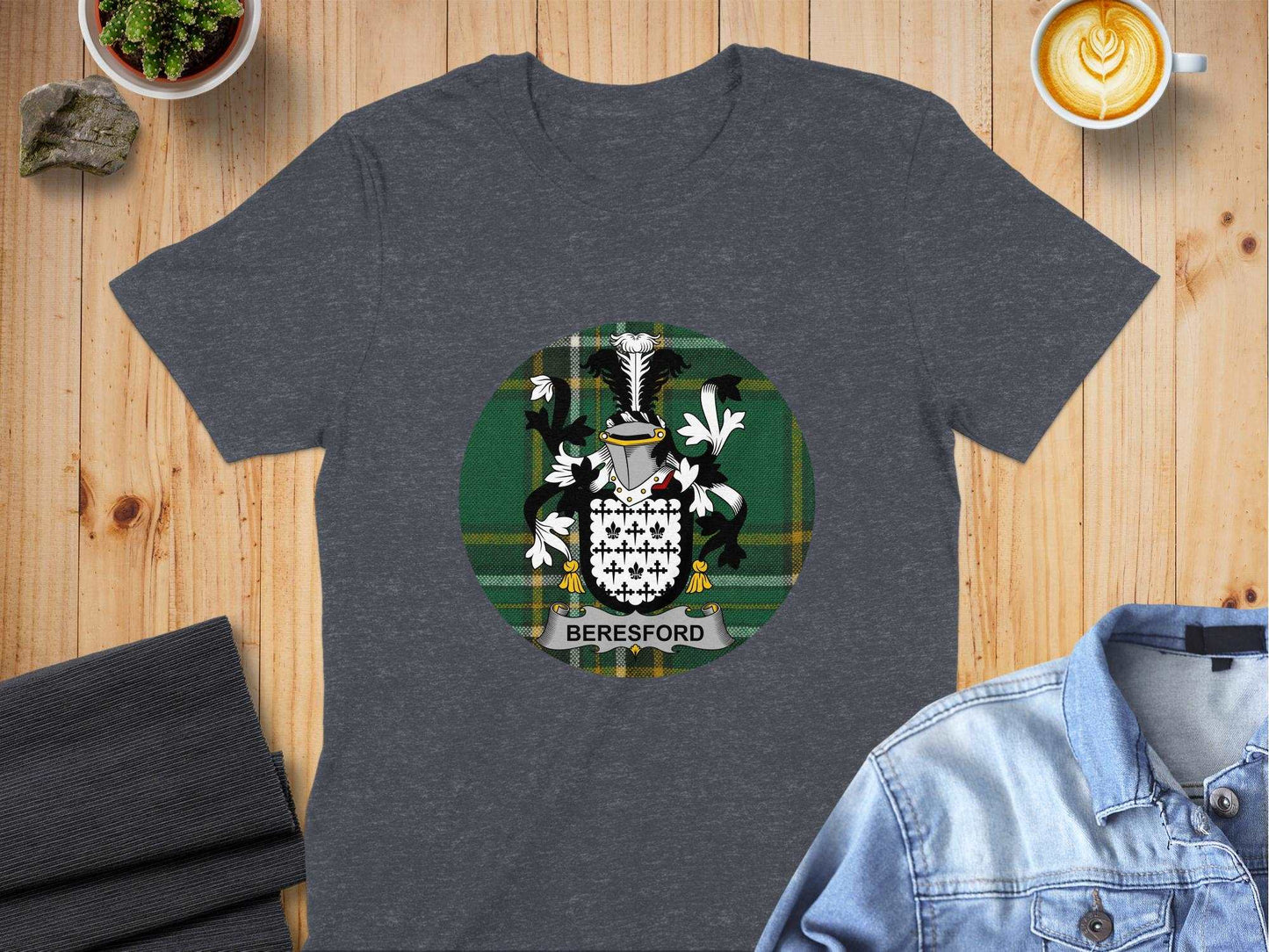 Beresford Family Crest Irish Tartan Background T-Shirt - Living Stone Gifts