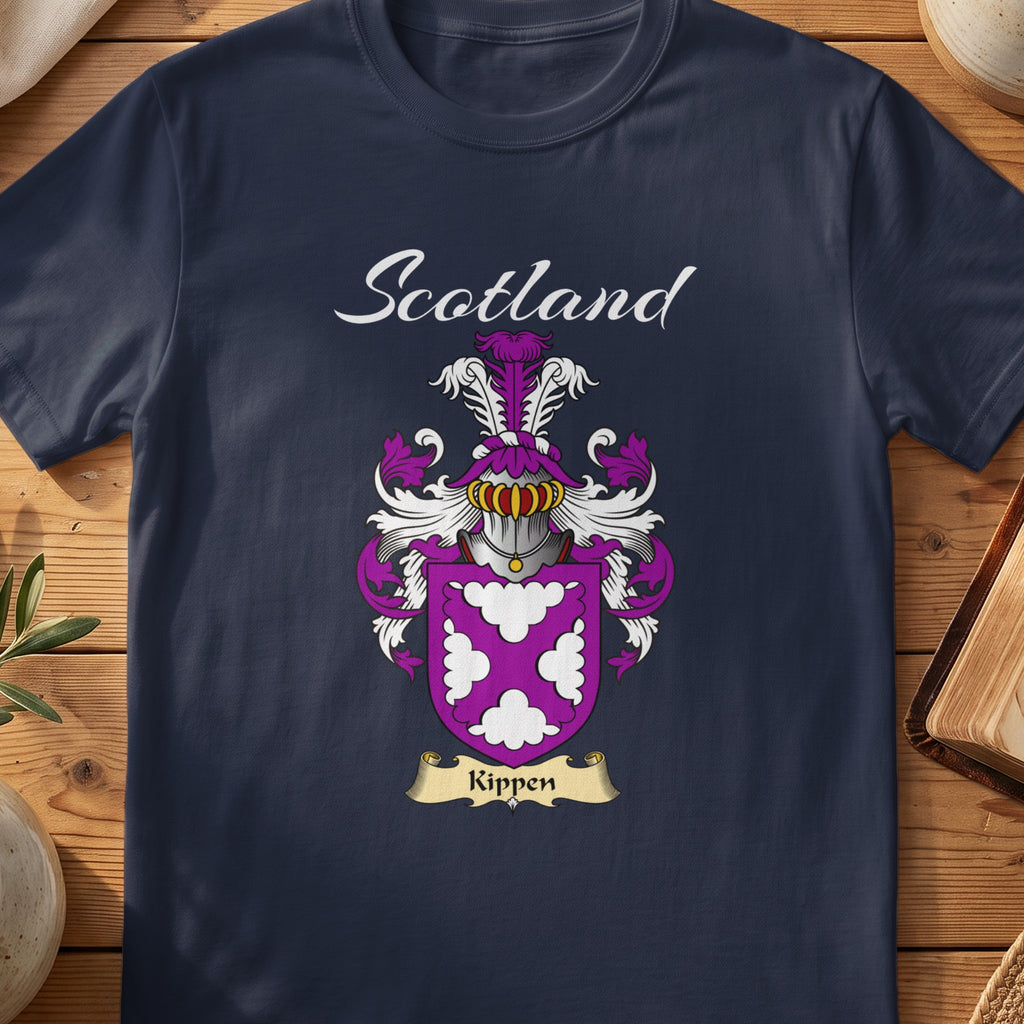 Navy Kippen family shield T-shirt featuring white decorative motifs on a purple shield