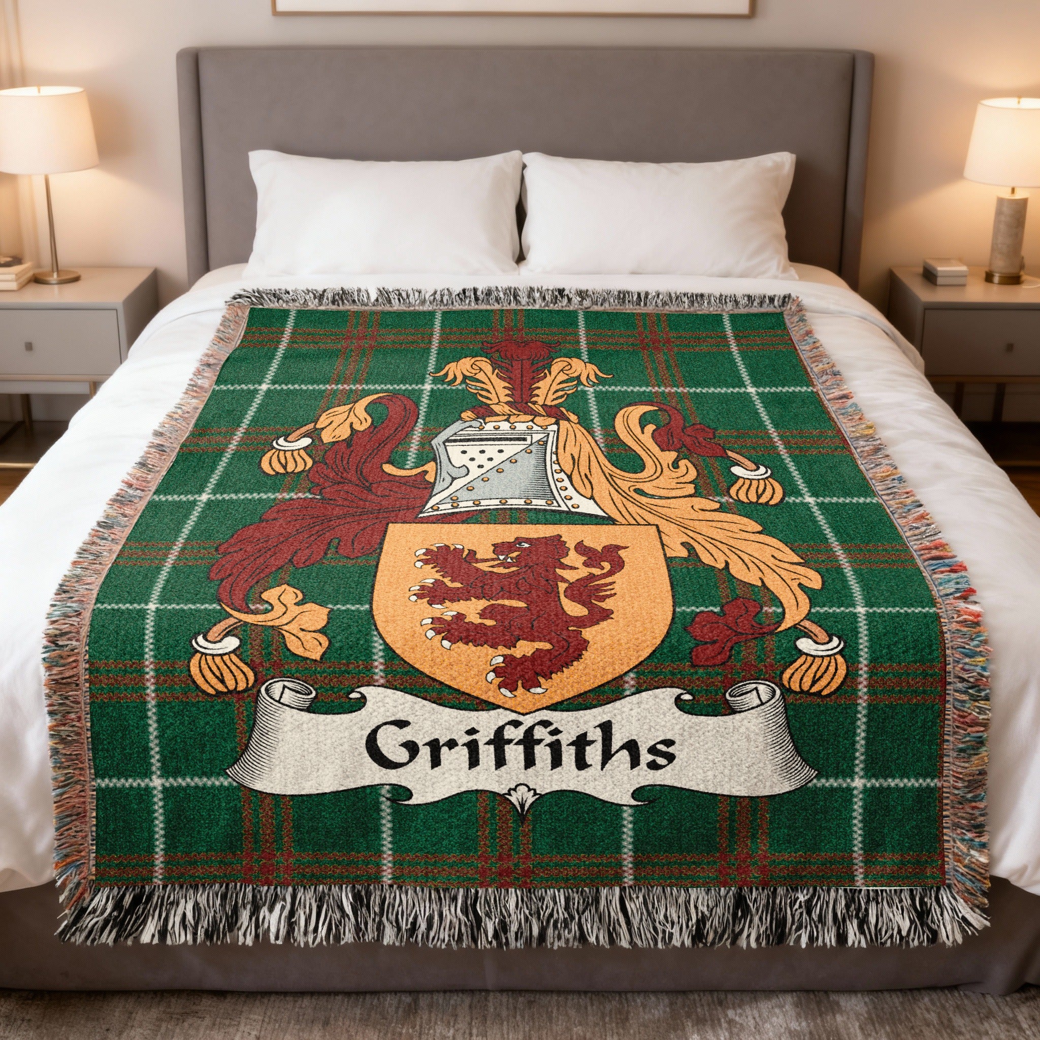 Griffiths Welsh crest woven blanket on Welsh national tartan