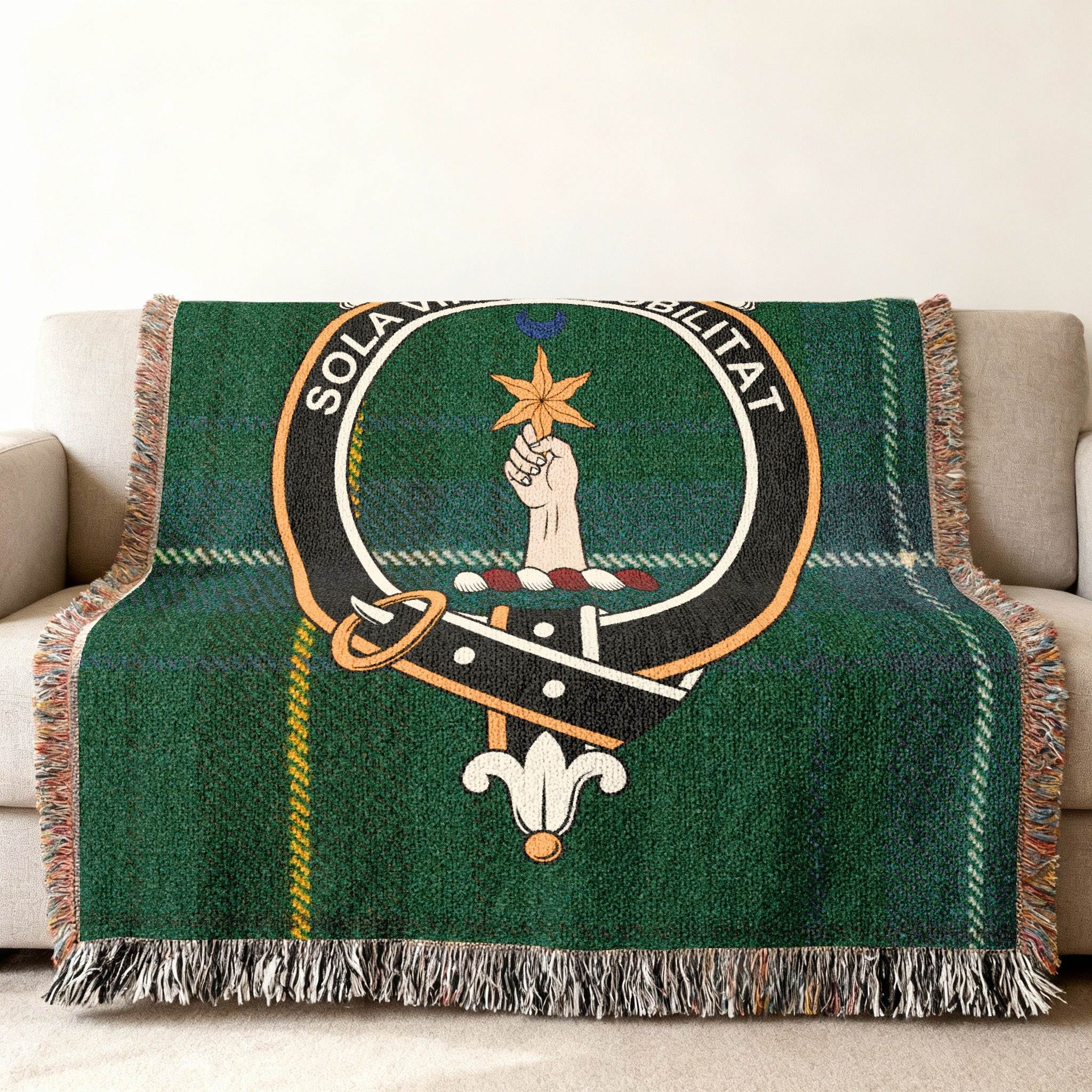 Henderson Scottish clan crest tartan woven blanket — Sola Virtus Nobilitat design at centre