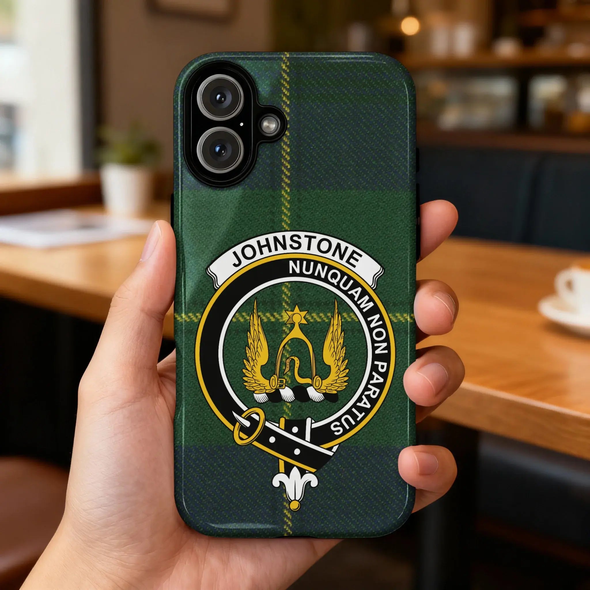 Johnstone clan crest tartan phone case — edge-to-edge plaid design with Nunquam Non Paratus motto