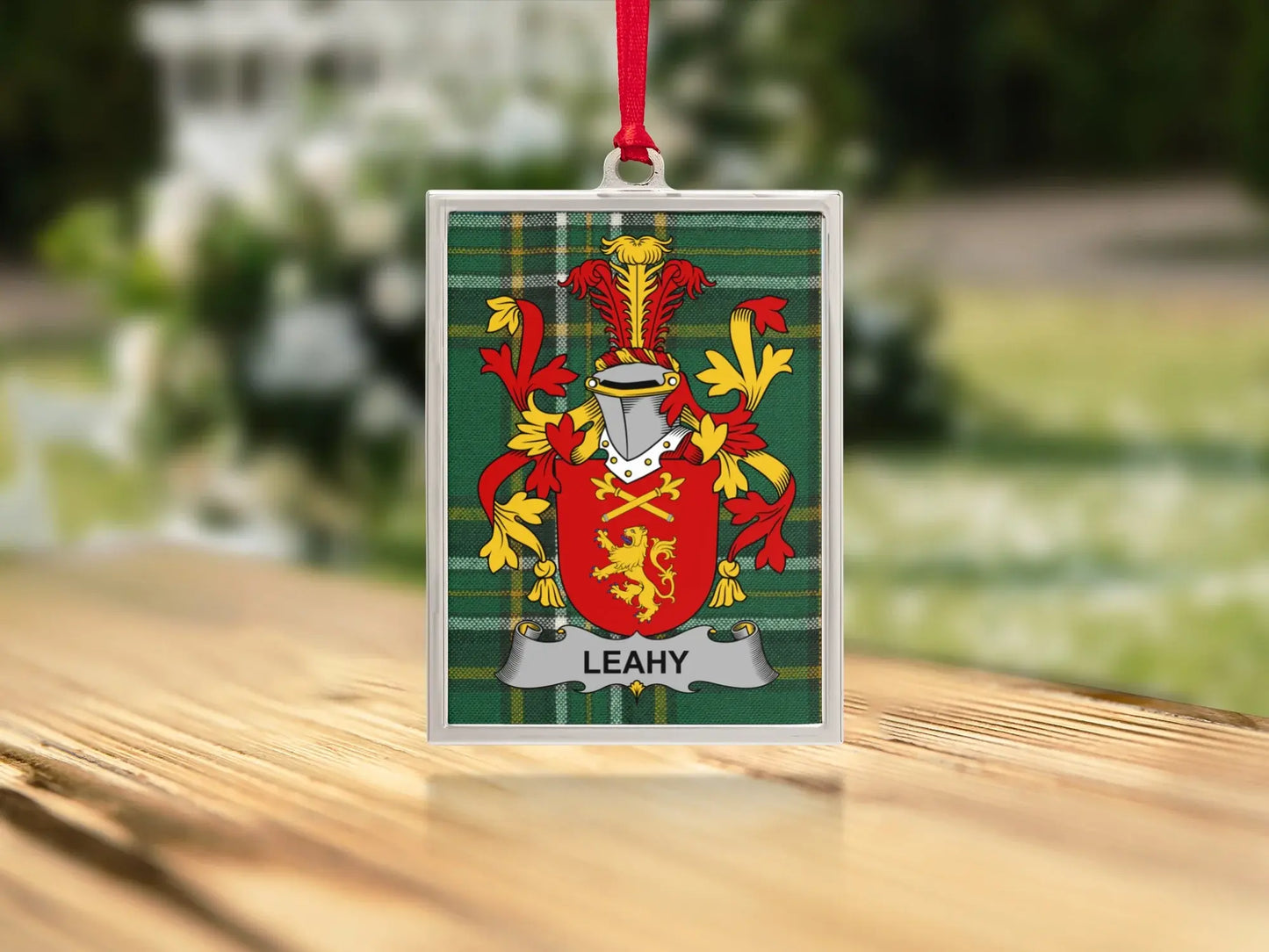 Leahy Family Crest Shield Green Plaid Ornament product type