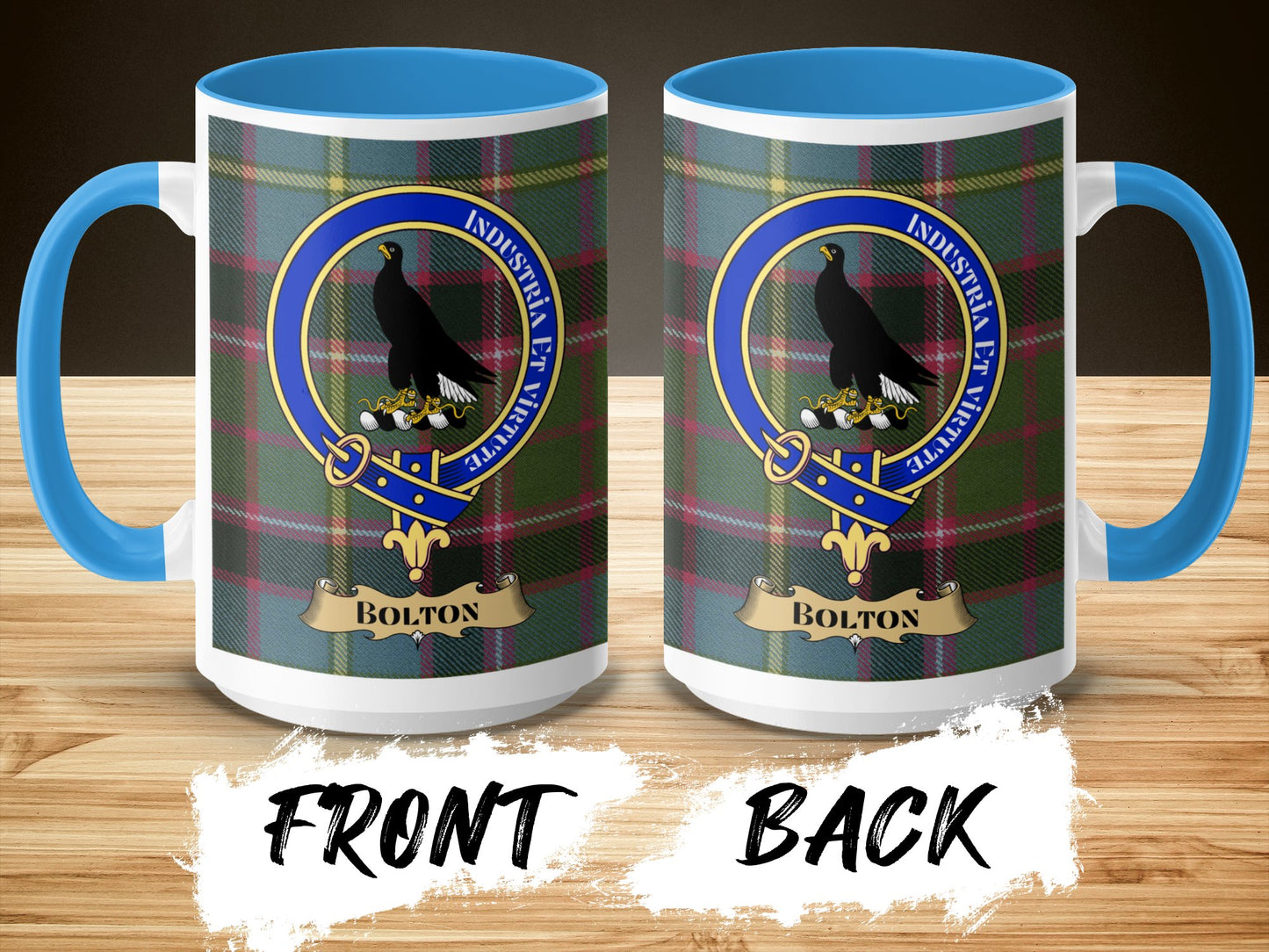 Clan Bolton Crest Badge with Tartan Background Mug - Living Stone Gifts