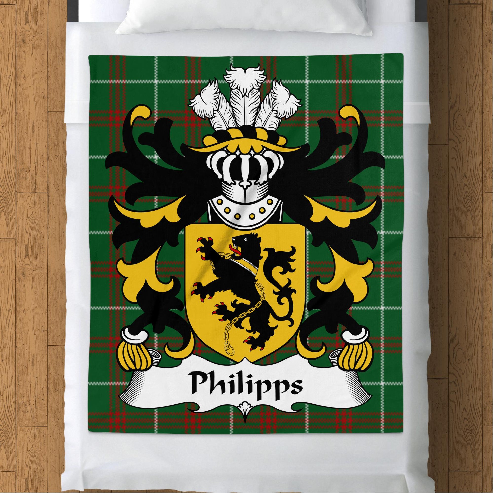 Philipps Surname Coat of Arms on Welsh National Tartan Blanket - Living Stone Gifts