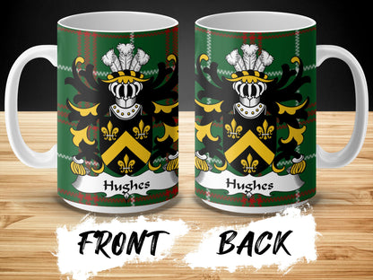 Hughes Surname Coat of Arms on Tartan Background Mug - Living Stone Gifts