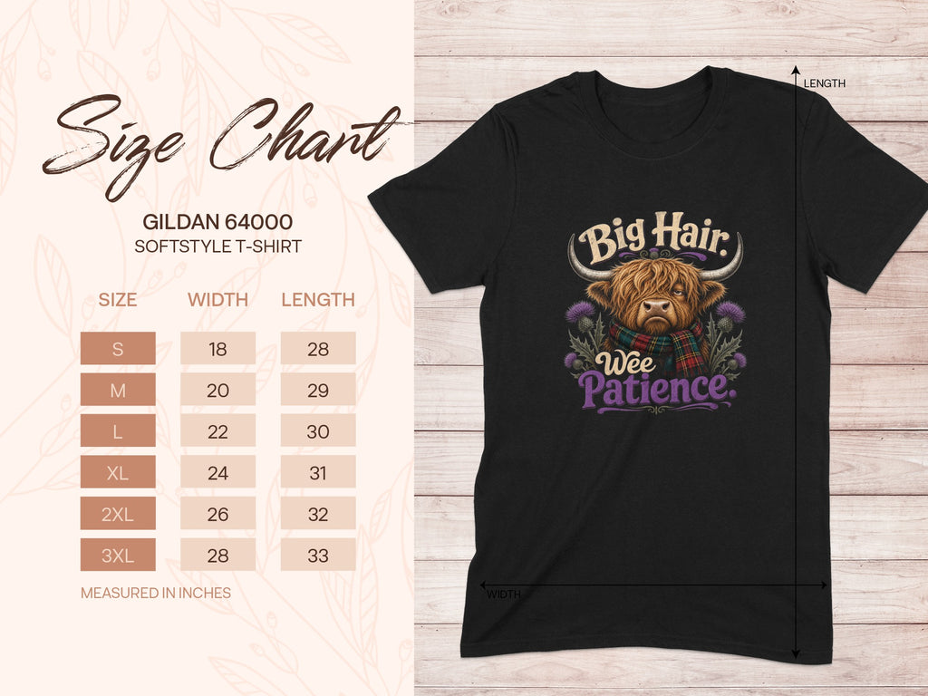 Black t-shirt with "Big Hair, Wee Patience" text and Highland cow graphic, with a size chart.