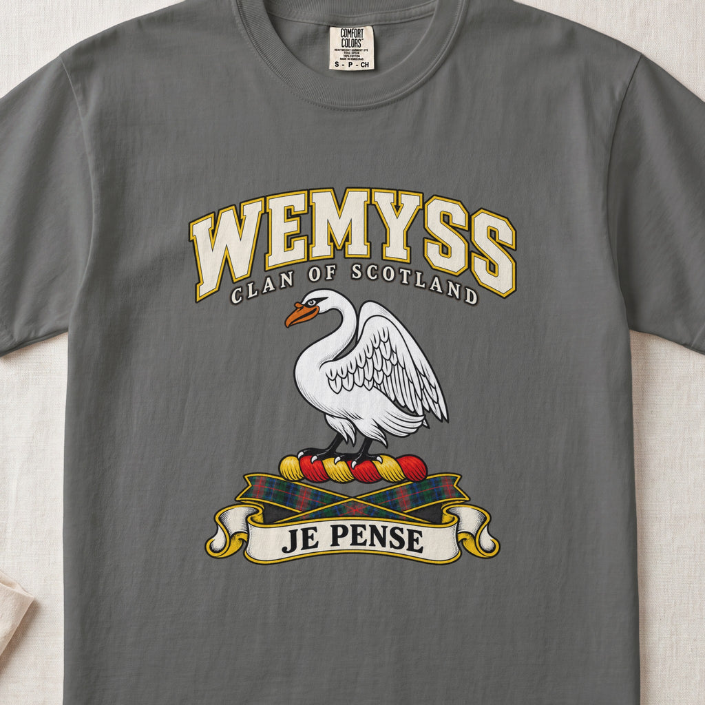 Wemyss Scottish clan T-shirt in Pepper, front view with a white swan and motto design.
